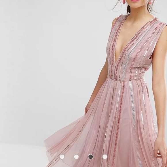 ASOS SALON Sequin Mesh Fit and Flare Midi Dress dress pink beaded size 2 prom - Picture 6 of 15